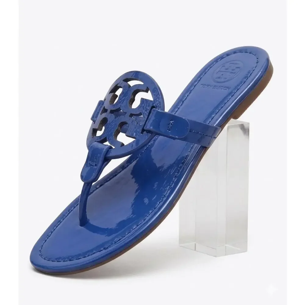Tory Burch Miller Naplak Patent Leather Sandal Nautical Blue Thong Flat 6.5